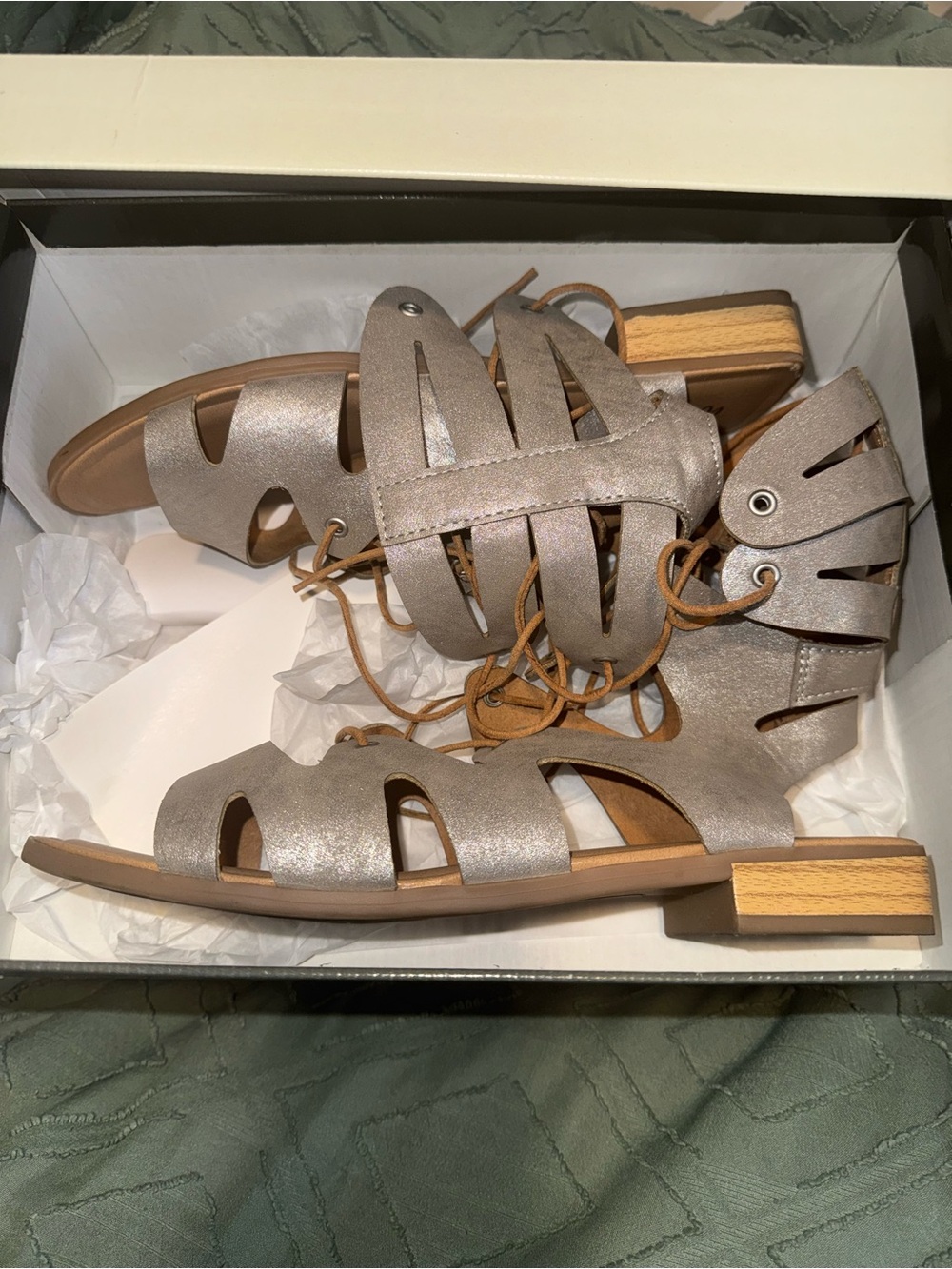 Wonderly Shimmering Pewter Lace-Up Gladiator Sandals